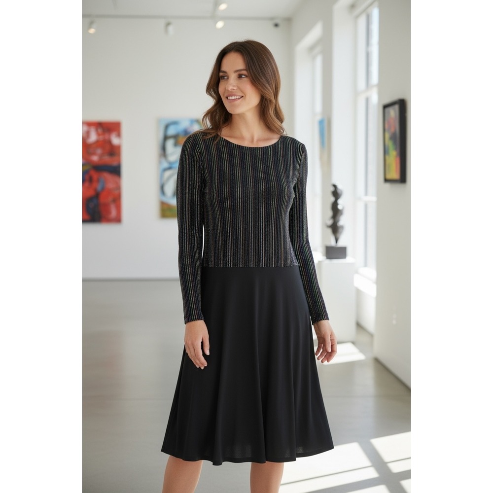 Melissa Masse Black‎ Sparkle Stripe Long Sleeve Midi Fit Flare Dress Small